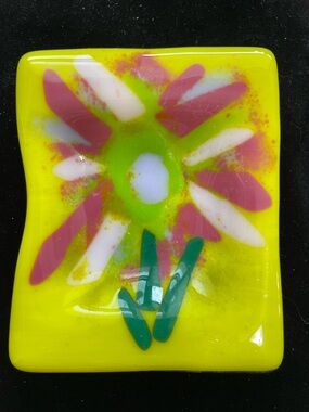 Pink Flower On Saffron 5”x4”Handmade Fused Glass TrayBackground Victoria Heisler